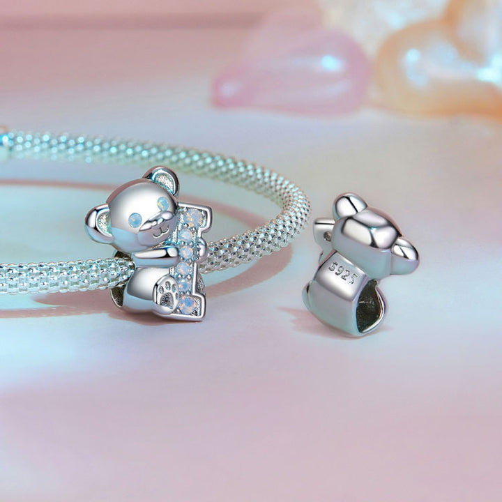 Initial I Letter Cute Teddy Bear Charm in 925 Sterling Silver - Aspect Jewellery