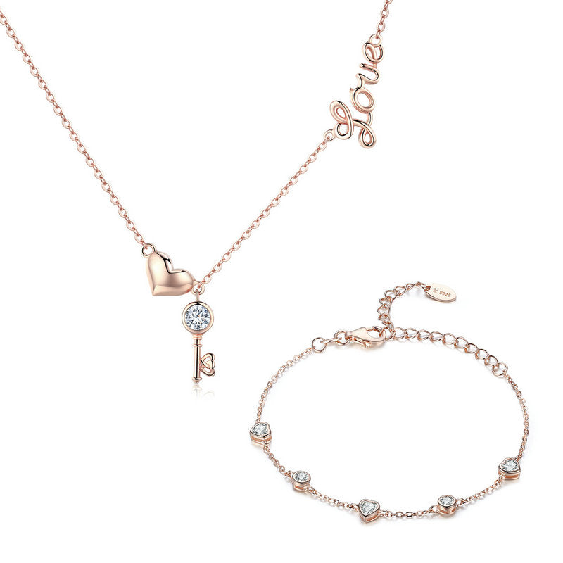 Love Key Crystal Jewellery Set in 925 Sterling Silver Rose Gold Plated - Aspect Jewellery