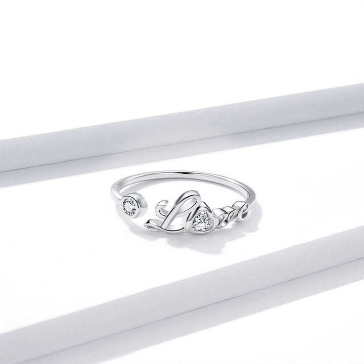 Love Script Adjustable Ring in Plated Platinum - Aspect Jewellery