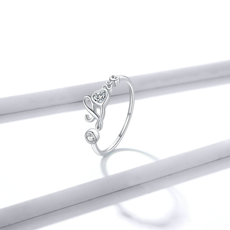 Love Script Adjustable Ring in Plated Platinum - Aspect Jewellery