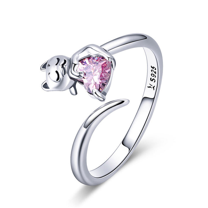 Lovely Pink Heart Cat Adjustable Ring in Sterling Silver - Aspect Jewellery