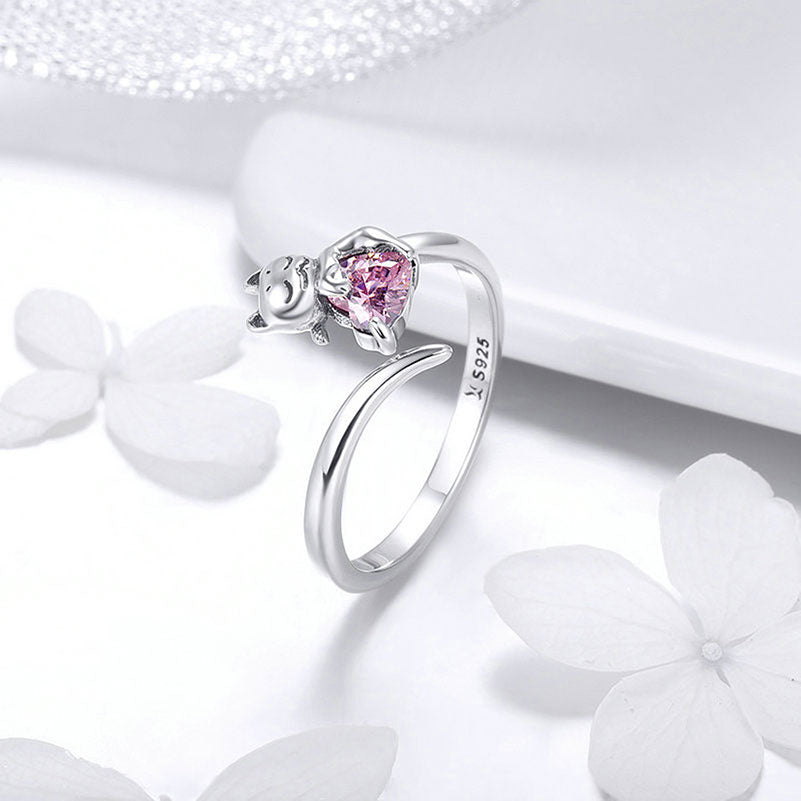 Lovely Pink Heart Cat Adjustable Ring in Sterling Silver - Aspect Jewellery