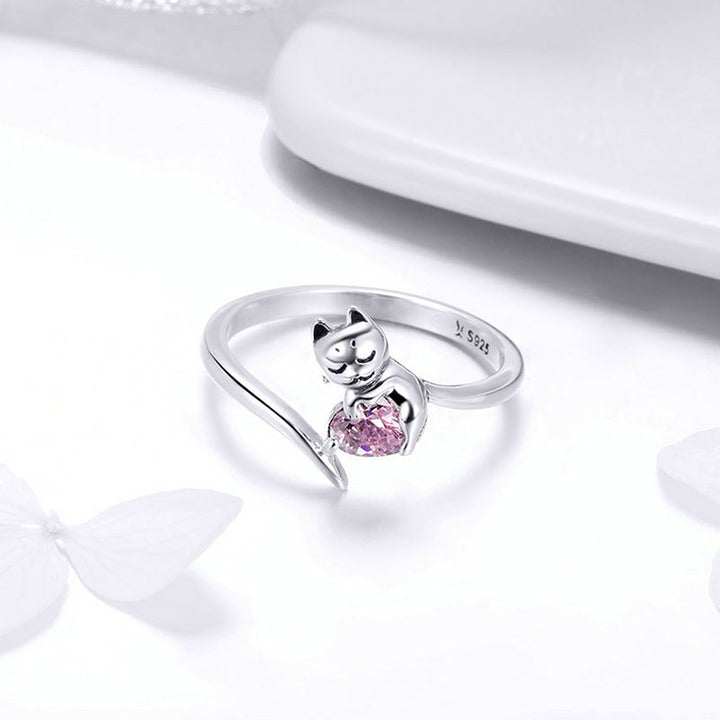 Lovely Pink Heart Cat Adjustable Ring in Sterling Silver - Aspect Jewellery