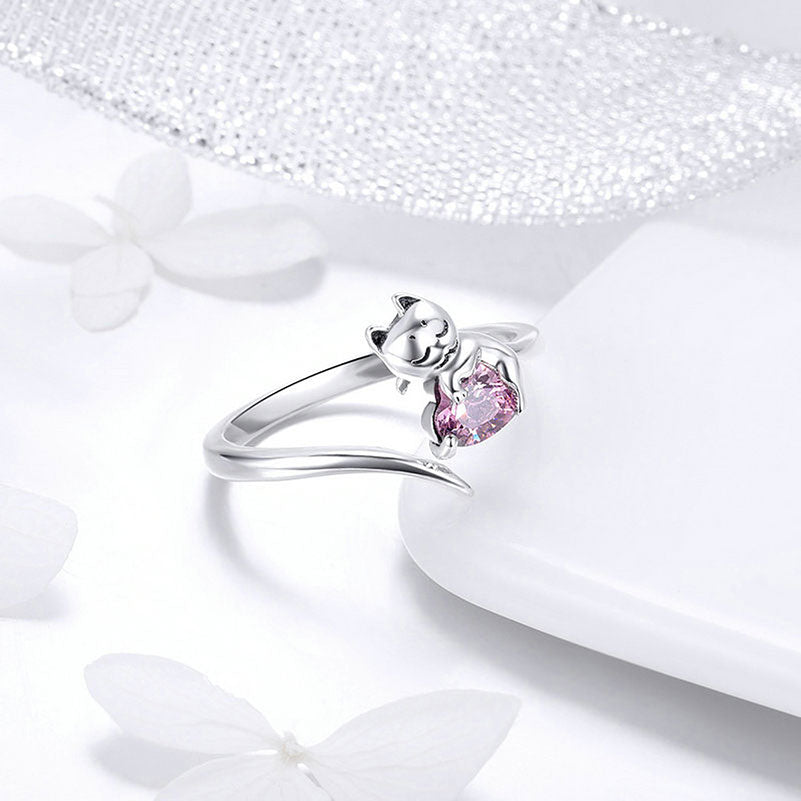 Lovely Pink Heart Cat Adjustable Ring in Sterling Silver - Aspect Jewellery