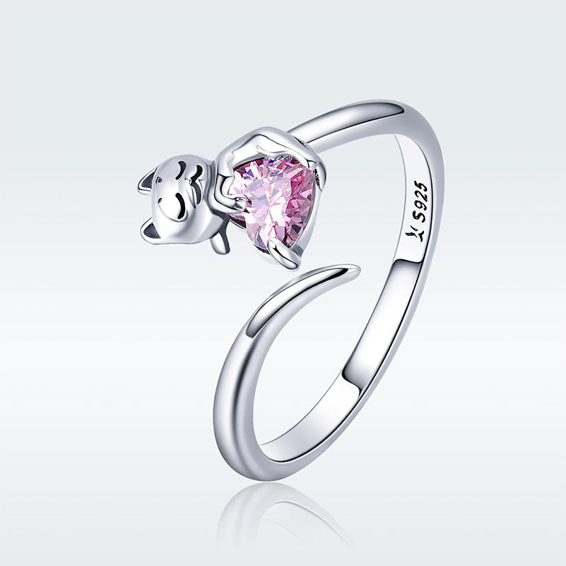 Lovely Pink Heart Cat Adjustable Ring in Sterling Silver - Aspect Jewellery