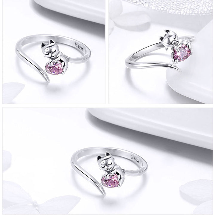 Lovely Pink Heart Cat Adjustable Ring in Sterling Silver - Aspect Jewellery