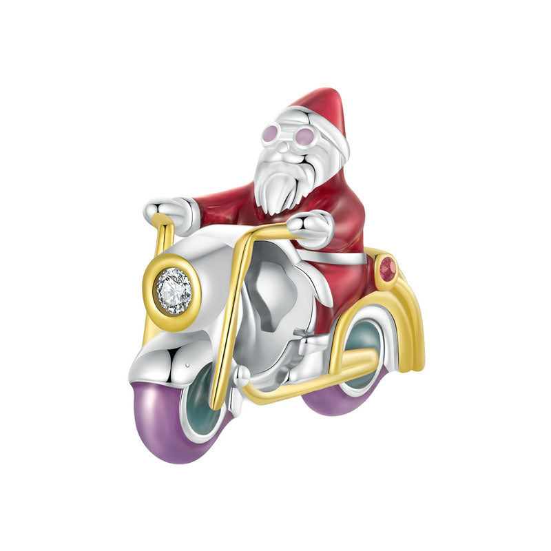 Glow-in-the-Dark Santa on Motorcycle Christmas Charm in 925 Sterling Silver - Aspect Jewellery