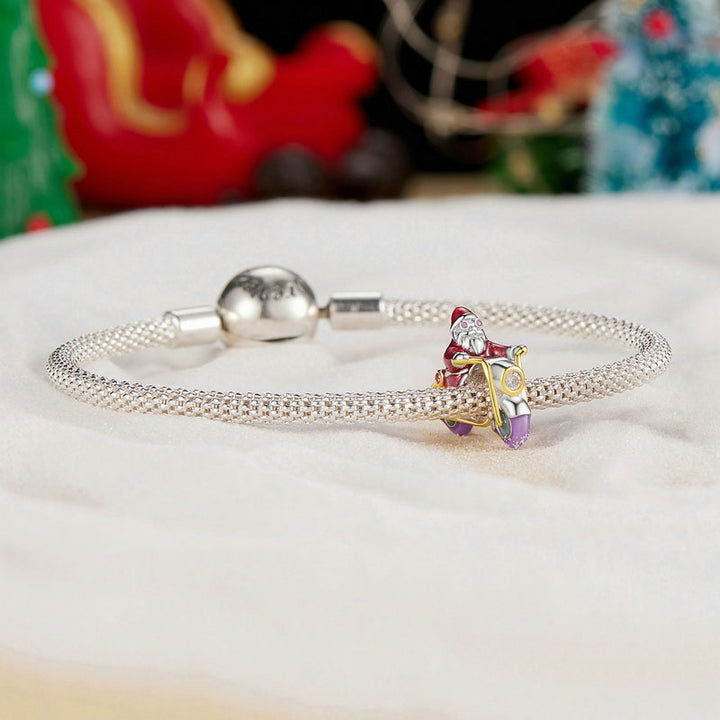 Glow-in-the-Dark Santa on Motorcycle Christmas Charm in 925 Sterling Silver - Aspect Jewellery