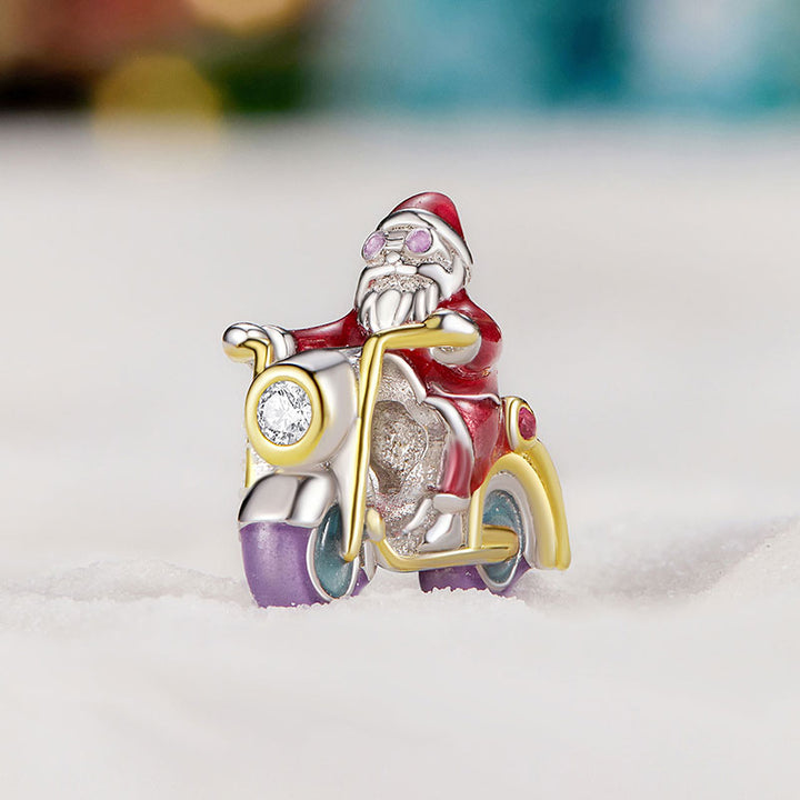 Glow-in-the-Dark Santa on Motorcycle Christmas Charm in 925 Sterling Silver - Aspect Jewellery