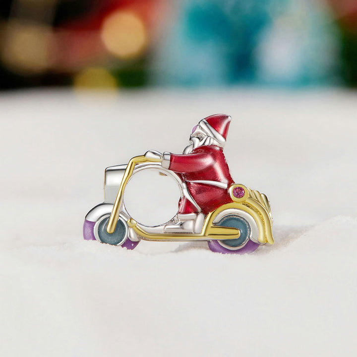 Glow-in-the-Dark Santa on Motorcycle Christmas Charm in 925 Sterling Silver - Aspect Jewellery