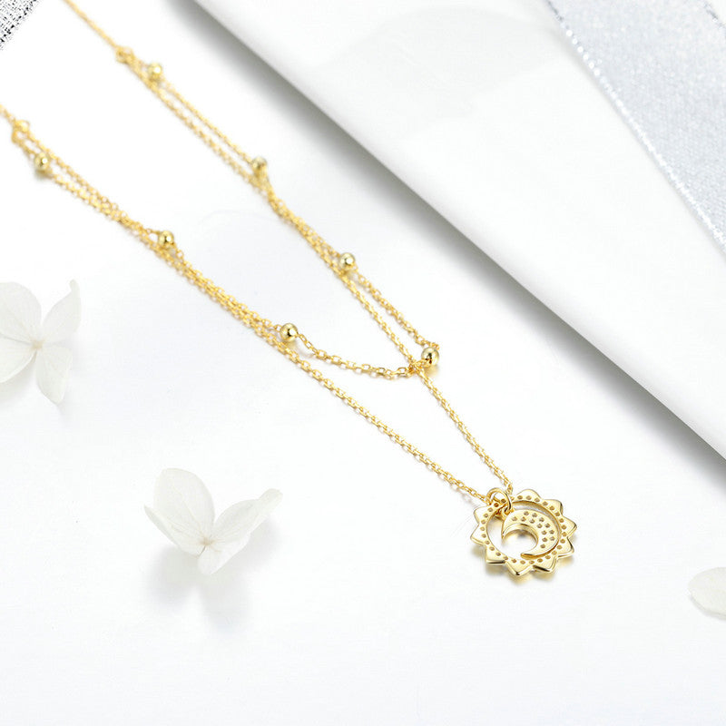 925 Sterling Silver Moon & Sun Double Layer Necklace, Gold Plated - Aspect Jewellery