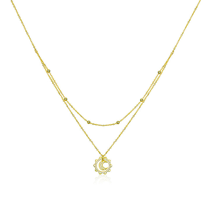 925 Sterling Silver Moon & Sun Double Layer Necklace, Gold Plated - Aspect Jewellery