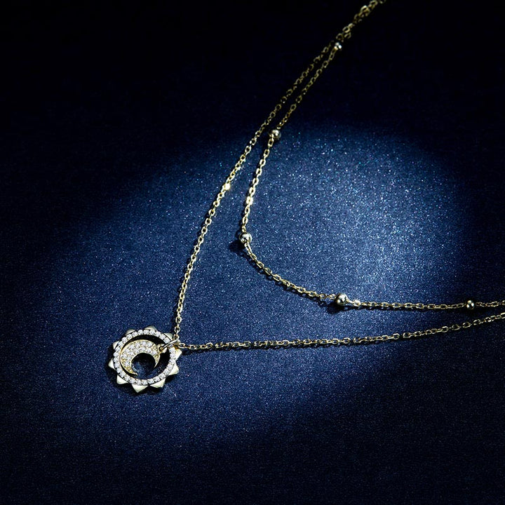 925 Sterling Silver Moon & Sun Double Layer Necklace, Gold Plated - Aspect Jewellery