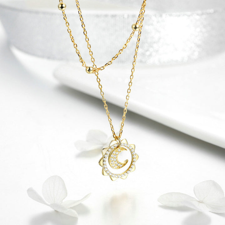 925 Sterling Silver Moon & Sun Double Layer Necklace, Gold Plated - Aspect Jewellery