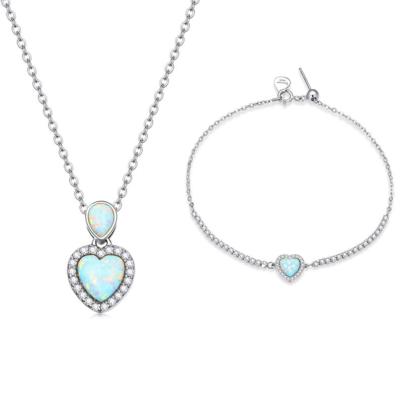 Opal Heart Jewellery Set in 925 Sterling Silver Platinum Plated - Aspect Jewellery