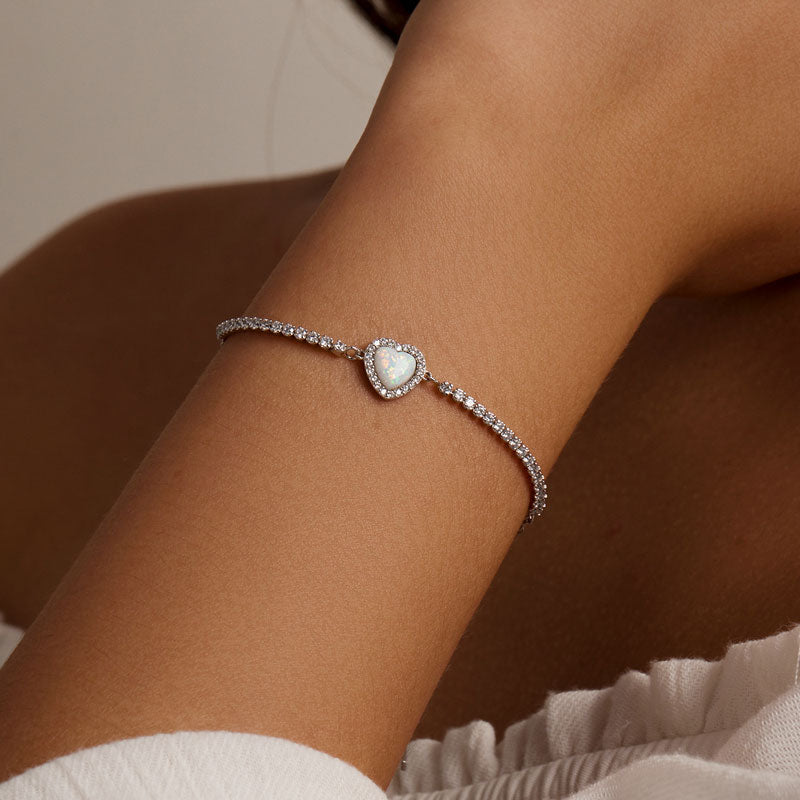 Opal Heart Bracelet in 925 Sterling Silver, Platinum Plated - Aspect Jewellery