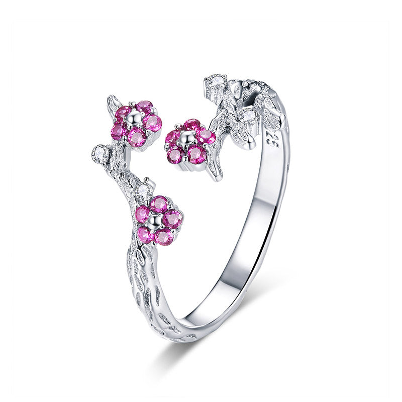 Pink Flowers Adjustable Ring in 925 Sterling Silver - Aspect Jewellery