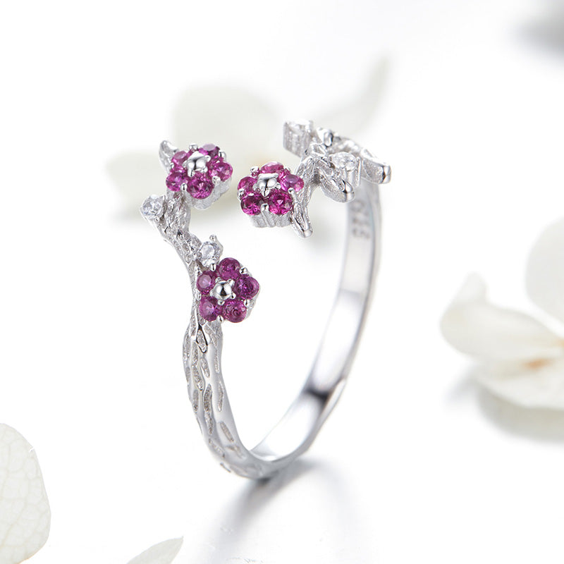 Pink Flowers Adjustable Ring in 925 Sterling Silver - Aspect Jewellery