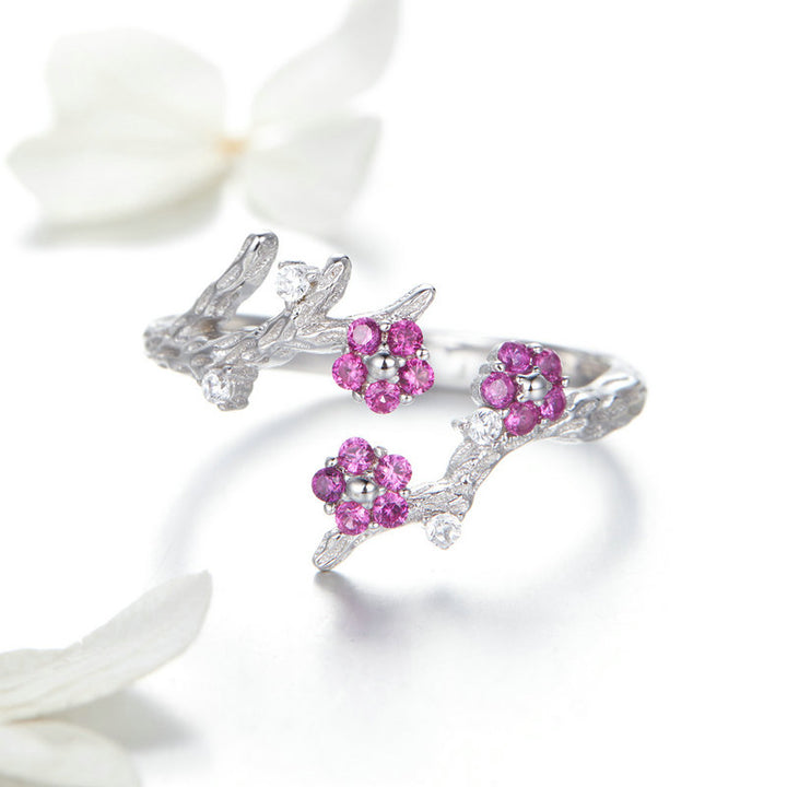 Pink Flowers Adjustable Ring in 925 Sterling Silver - Aspect Jewellery