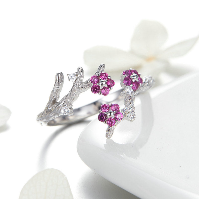 Pink Flowers Adjustable Ring in 925 Sterling Silver - Aspect Jewellery