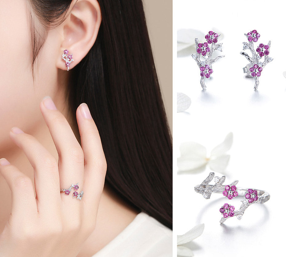 Pink Flowers Jewellery Set in 925 Sterling Silver - Aspect Jewellery