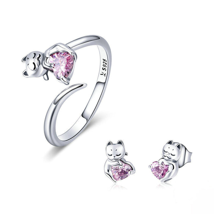 Pink Heart Crystal Cat Jewellery Set in 925 Sterling Silver - Aspect Jewellery