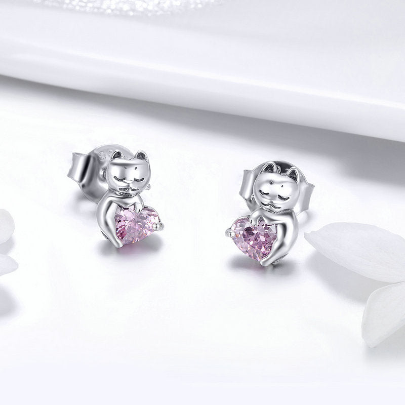 Pink Heart Crystal Cat Jewellery Set in 925 Sterling Silver - Aspect Jewellery