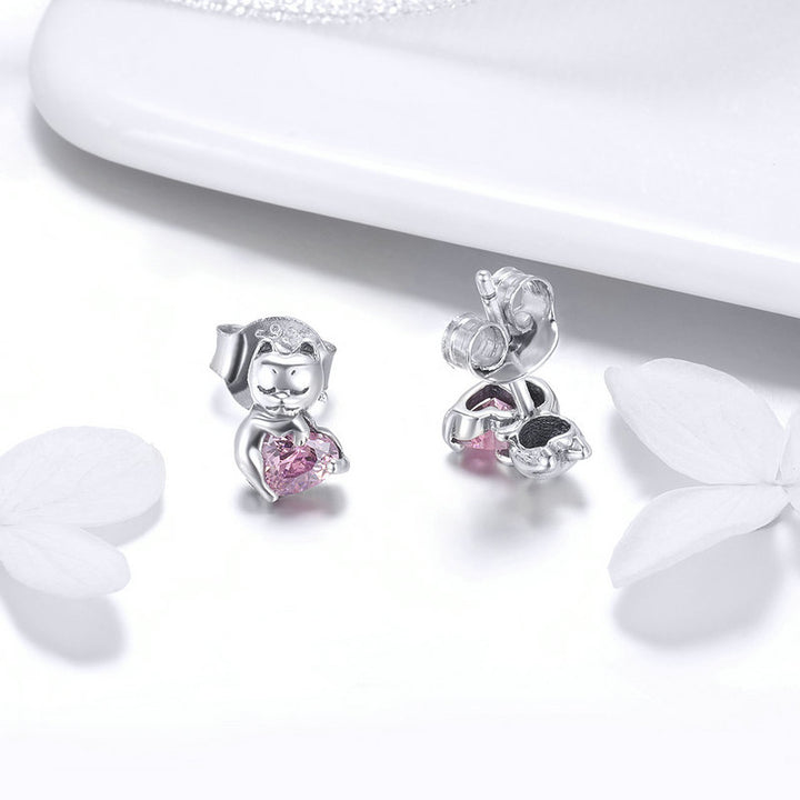 Pink Heart Crystal Cat Jewellery Set in 925 Sterling Silver - Aspect Jewellery