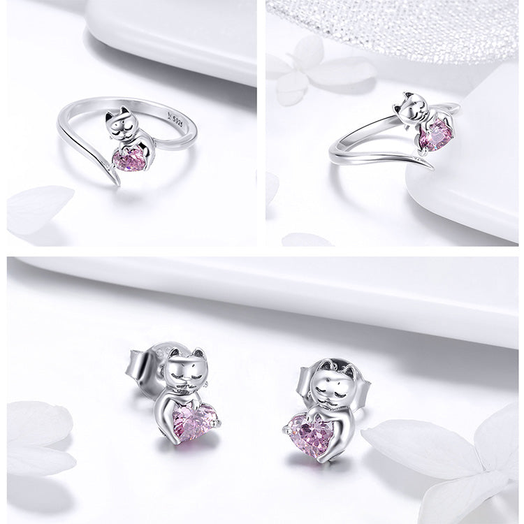 Pink Heart Crystal Cat Jewellery Set in 925 Sterling Silver - Aspect Jewellery