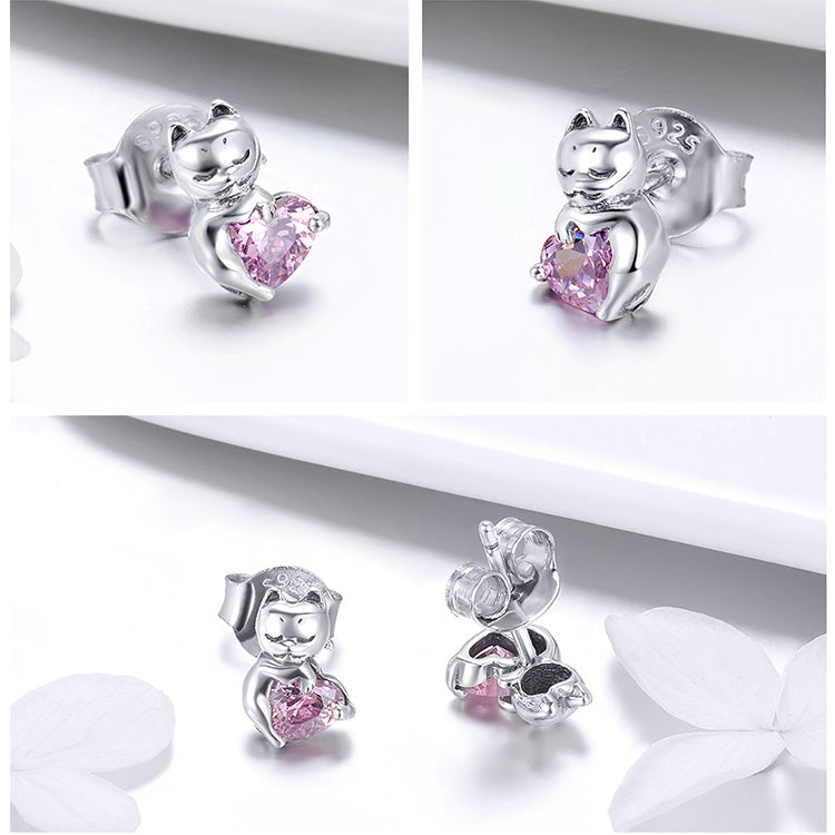 Pink Heart Crystal Cat Jewellery Set in 925 Sterling Silver - Aspect Jewellery