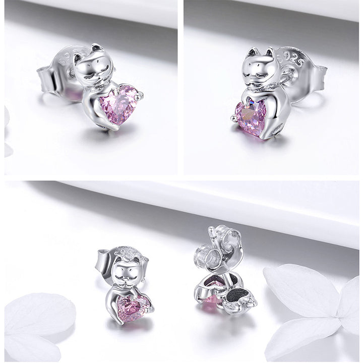 Pink Heart Crystal Cat Jewellery Set in 925 Sterling Silver - Aspect Jewellery