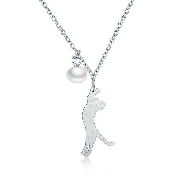 Playful Cat Pearl Necklace in 925 Sterling Silver - Aspect Jewellery