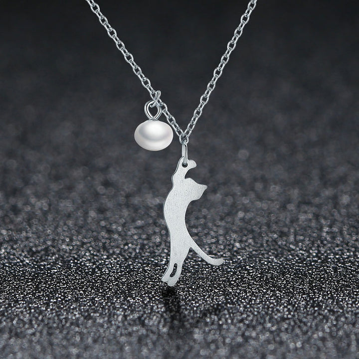 Playful Cat Pearl Necklace in 925 Sterling Silver - Aspect Jewellery