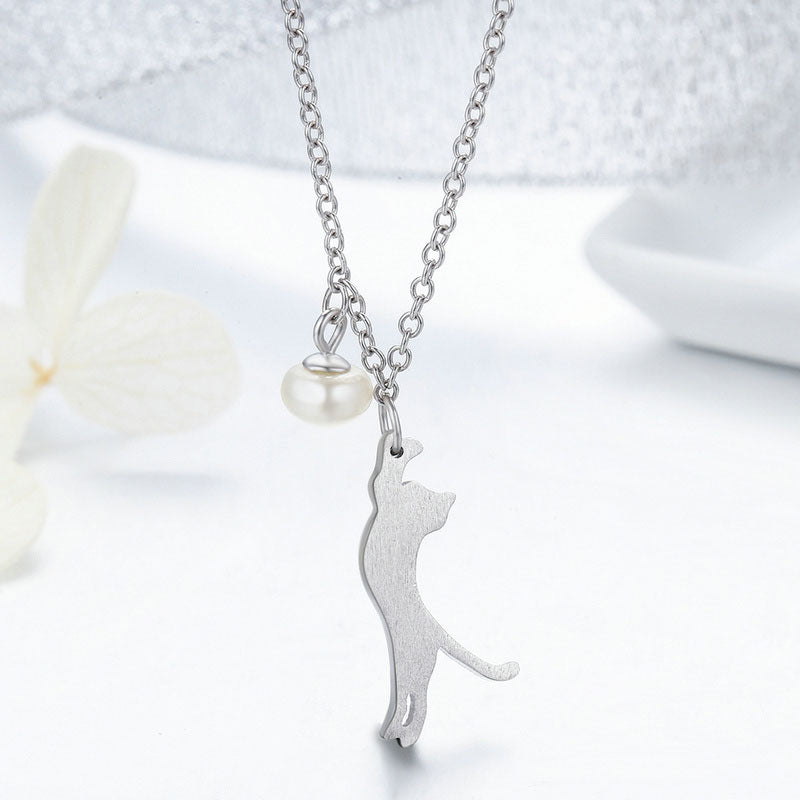 Playful Cat Pearl Necklace in 925 Sterling Silver - Aspect Jewellery