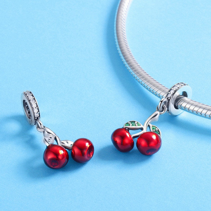 Red Cherry Dangle Charm Pendant in 925 Sterling Silver - Aspect Jewellery