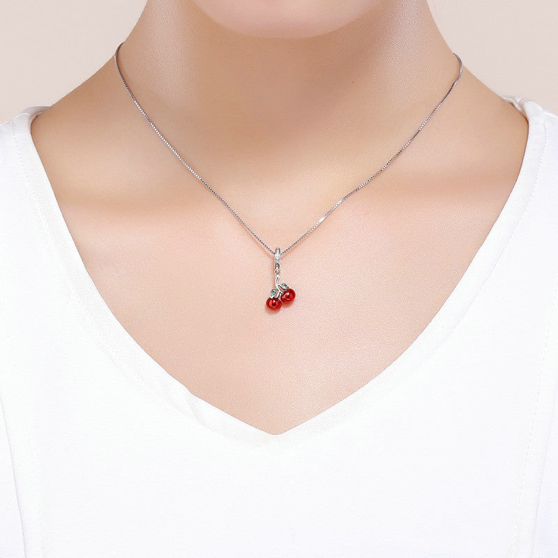 Red Cherry Dangle Charm Pendant in 925 Sterling Silver - Aspect Jewellery