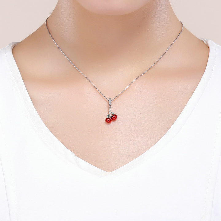 Red Cherry Dangle Charm Pendant in 925 Sterling Silver - Aspect Jewellery