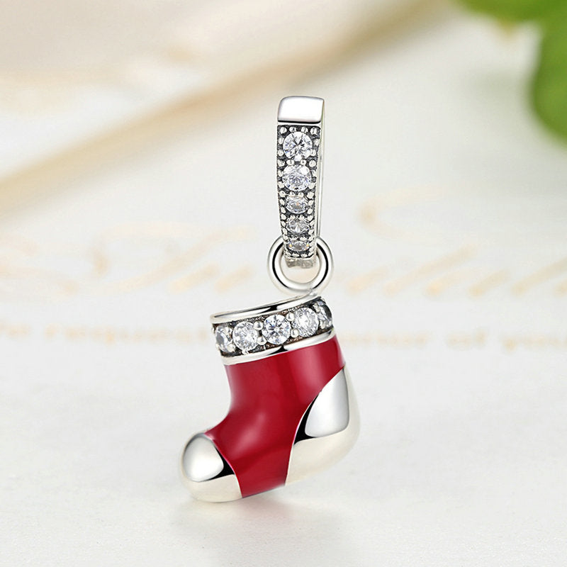 Santa's Sock Christmas Dangle Charm Pendant in 925 Sterling Silver - Aspect Jewellery