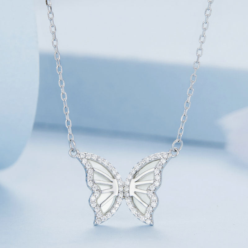 Sparkling CZ Butterfly Necklace in 925 Sterling Silver Platinum Plated - Aspect Jewellery