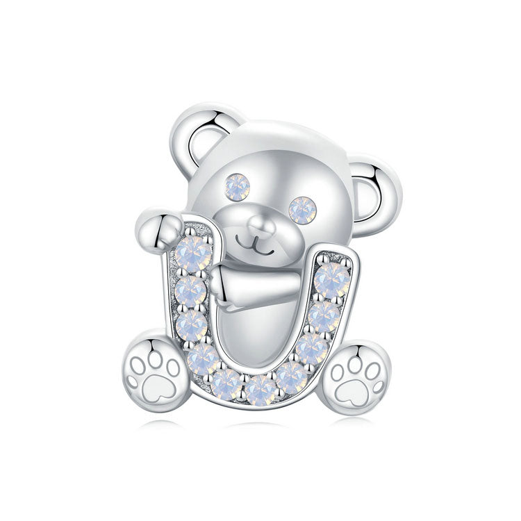 Initial U Letter Cute Bear Charm in 925 Sterling Silver - Aspect Jewellery