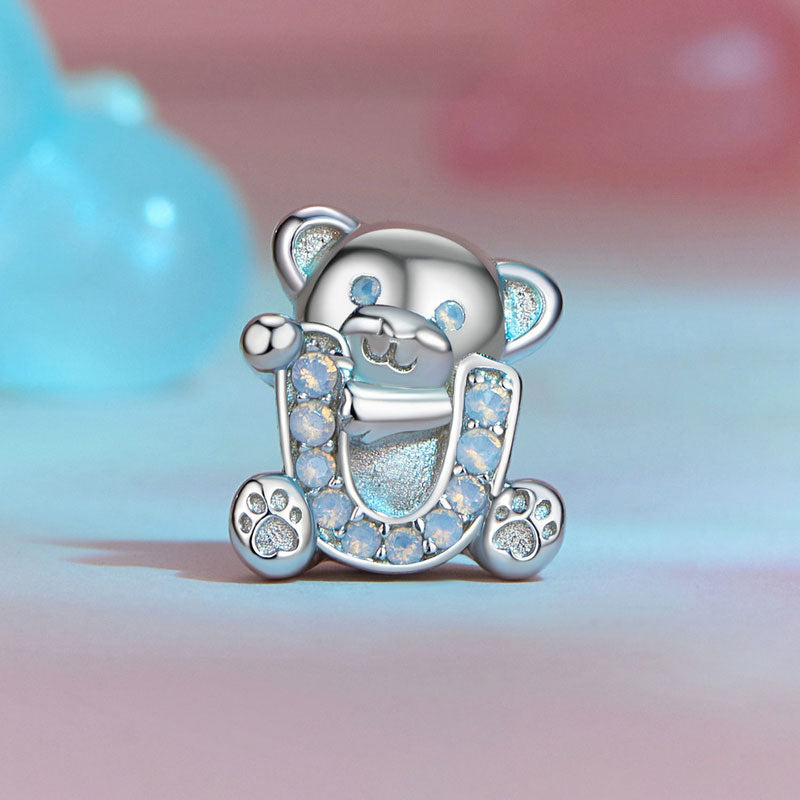 Initial U Letter Cute Bear Charm in 925 Sterling Silver - Aspect Jewellery