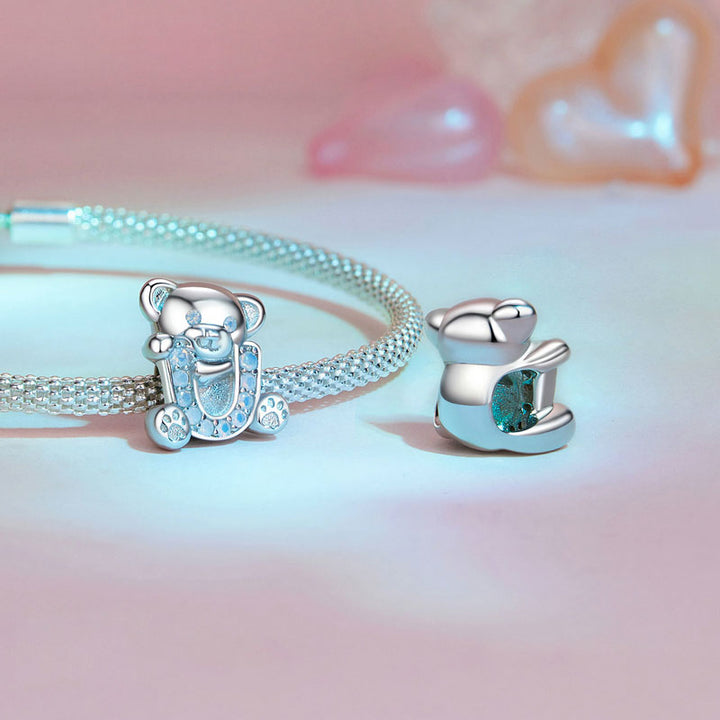 Initial U Letter Cute Bear Charm in 925 Sterling Silver - Aspect Jewellery