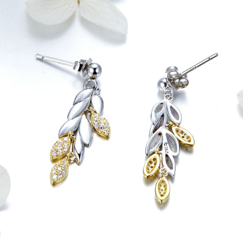 Wheat Leaves Sparkle Earrings in 925 Sterling Silver - Aspect Jewellery