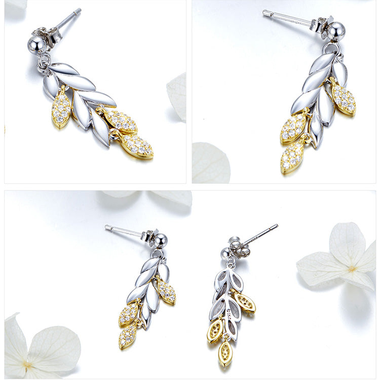 Wheat Leaves Sparkle Earrings in 925 Sterling Silver - Aspect Jewellery