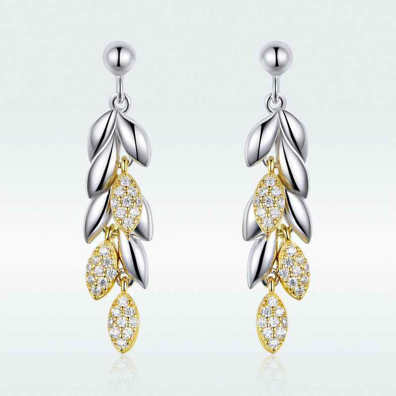 Wheat Leaves Sparkle Earrings in 925 Sterling Silver - Aspect Jewellery