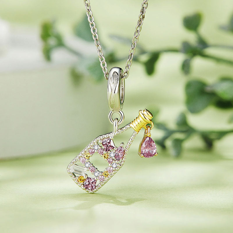 Wine Champagne Bottle Crystal Charm in 925 Sterling Silver Gold Plated - Aspect Jewellery