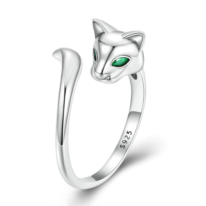 Adjustable Cat Ring with Green Crystal in 925 Sterling Silver Jewellery - Aspect Jewellery