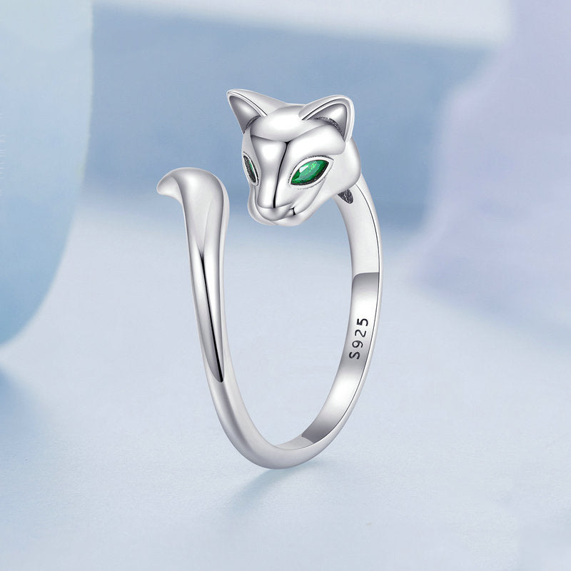 Adjustable Cat Ring with Green Crystal in 925 Sterling Silver Jewellery - Aspect Jewellery