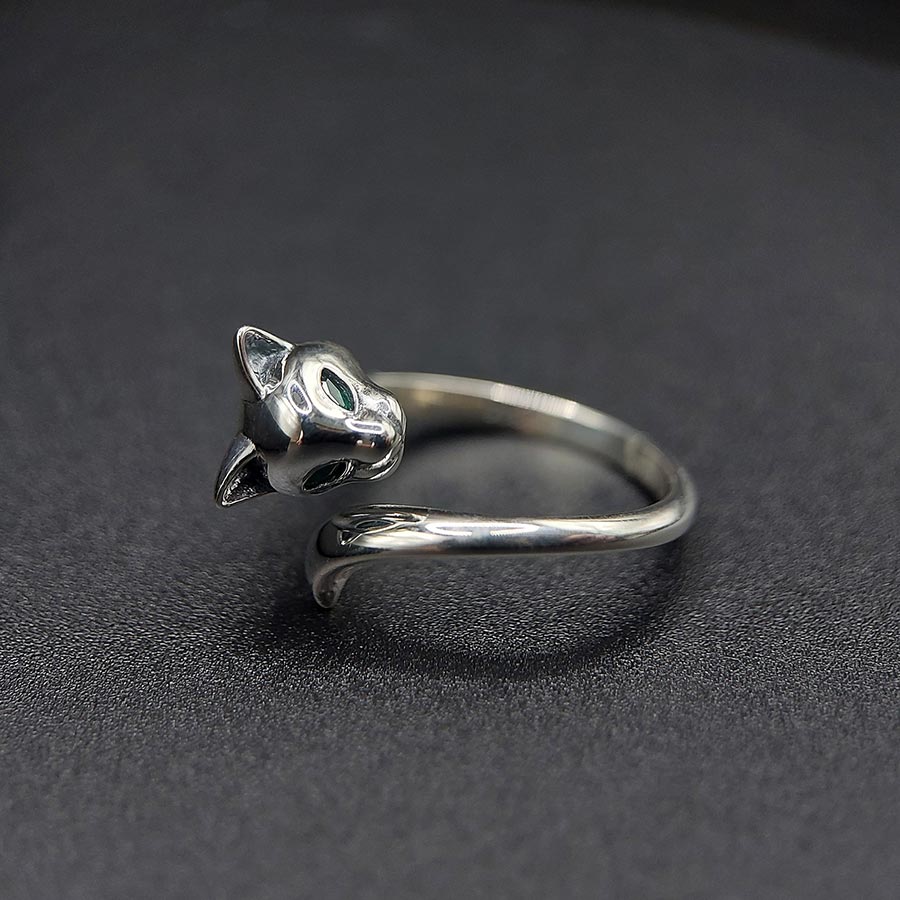 Adjustable Cat Ring with Green Crystal in 925 Sterling Silver Jewellery - Aspect Jewellery