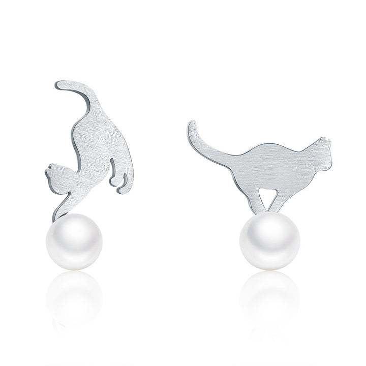 Asymmetric Playful Cat Pearl Earrings in 925 Sterling Silver - Aspect Jewellery